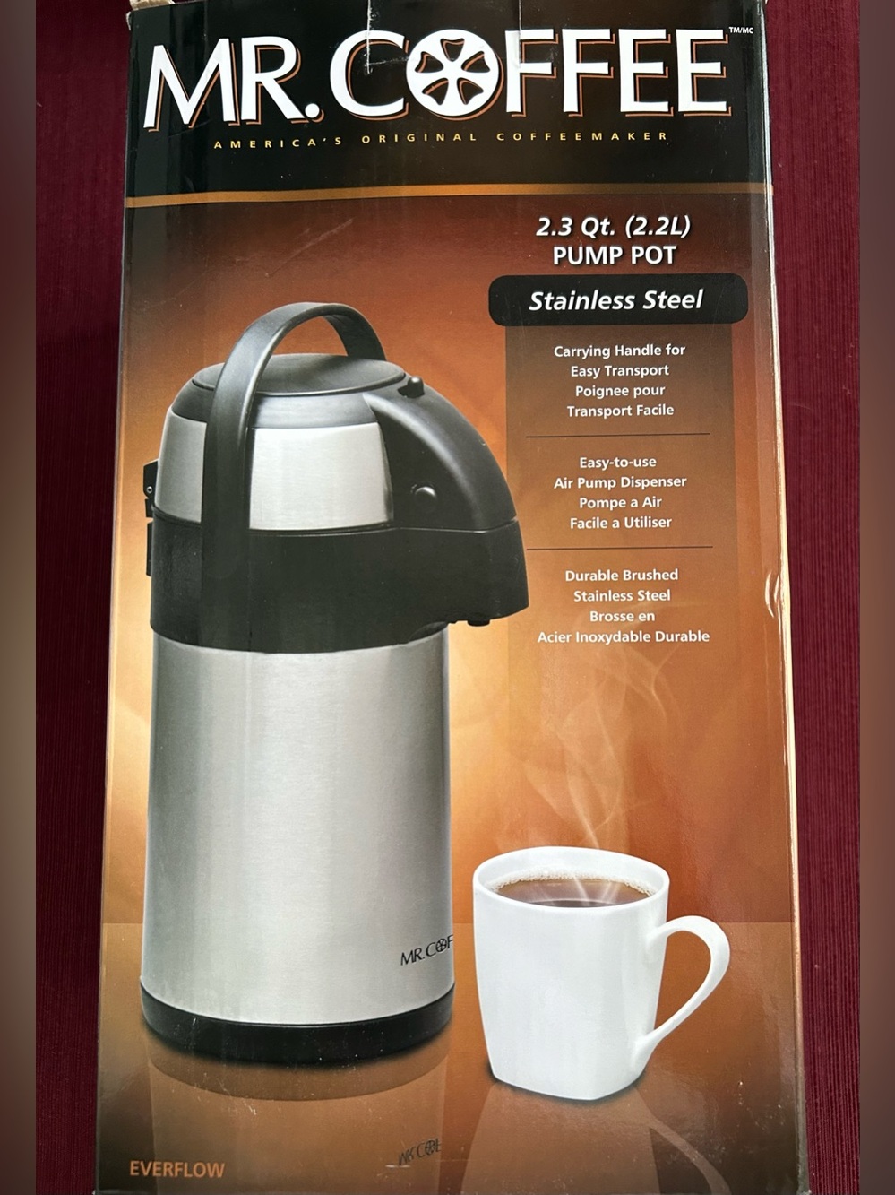 “NIB” Mr. Coffee Stainless Steel 2.3 Qt Pump Pot - Silver/Black